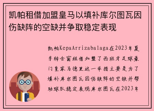 凯帕租借加盟皇马以填补库尔图瓦因伤缺阵的空缺并争取稳定表现
